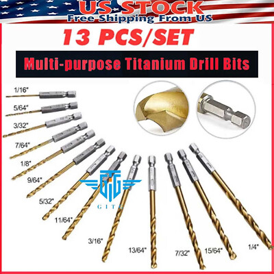 13PCS HSS Twist Drill Bit Set Metal Titanium 1/4'' Hex Shank Kit QUICK RELEASE US