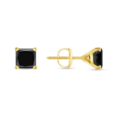 Pre-owned Shine Brite With A Diamond 2 Ct Princess Cut Black Earrings Studs Solid 14k Yellow Gold Screw Back Martini In White/colorless