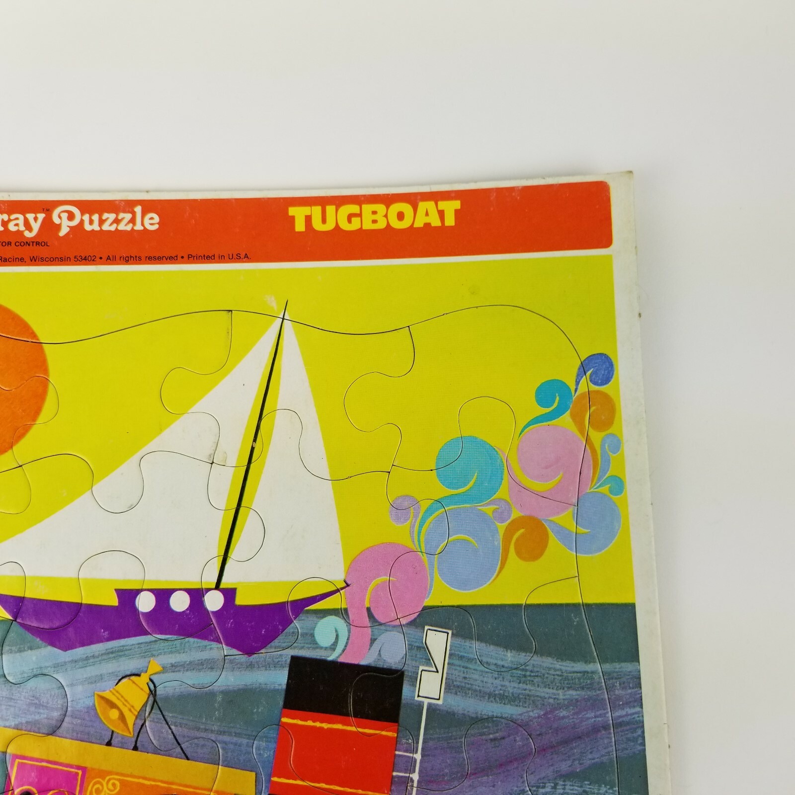 Vintage 1969 Merrigold Press Frame Tray Puzzle Tugboat Boat Water Sun Sailboat