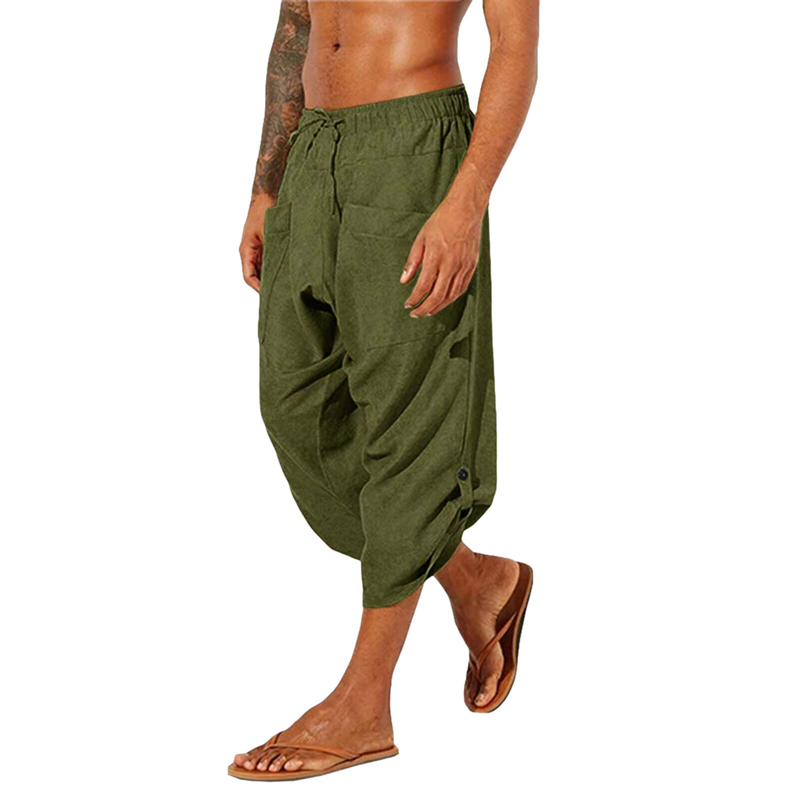 Mens Cargo Sport Cotton Linen 3/4 Harem Pants Casual Beach Loose Hippie Trousers