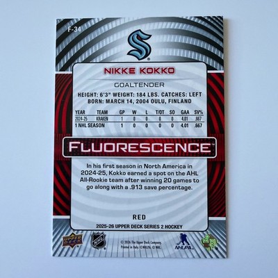2025 Upper Deck Series 2 #F-34 Nikke Kokko RC Fluorescence