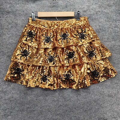 Peach Love California Skirt Womens Large Gold Black Sequin Spiders Halloween
