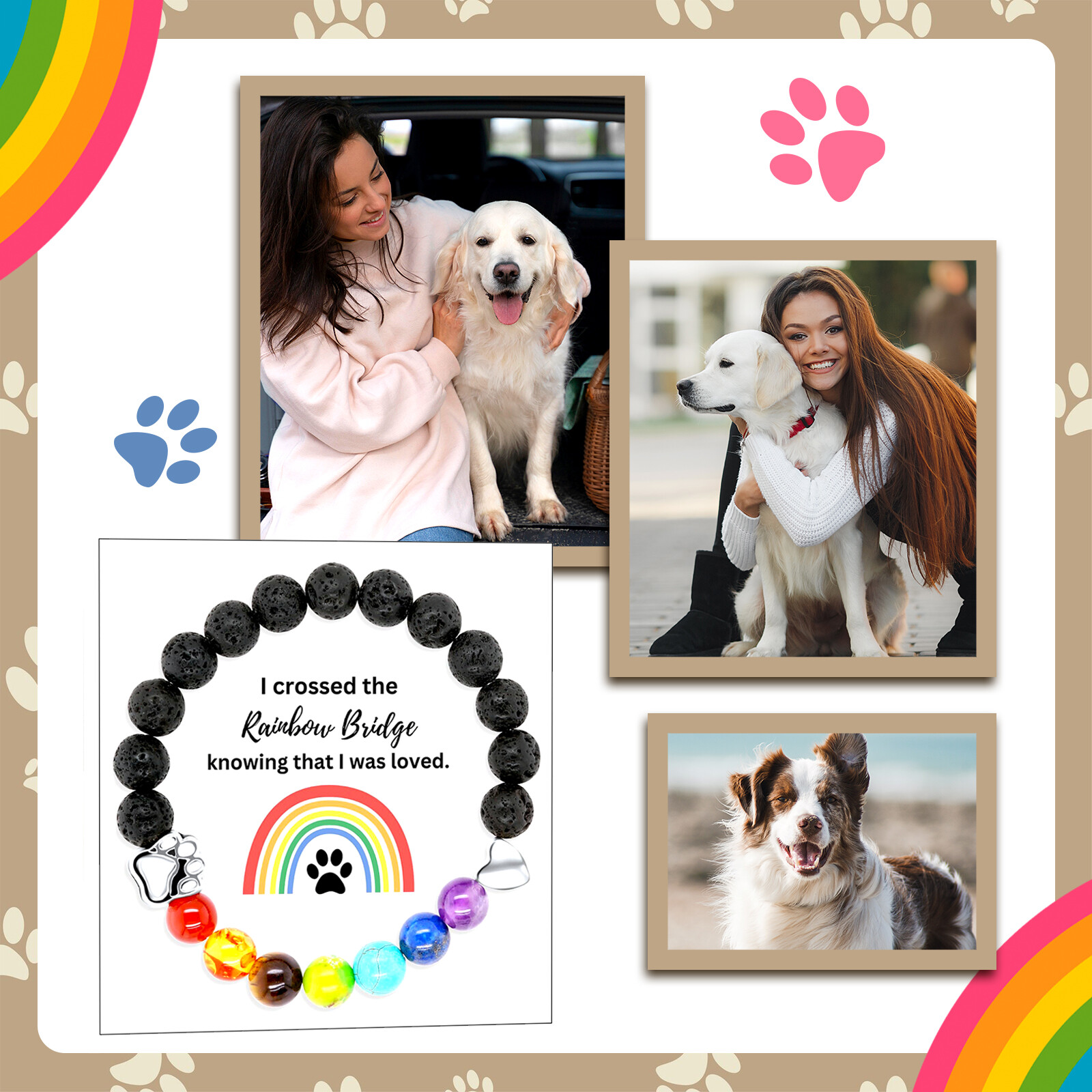ZKXXJ Rainbow Bridge Pet Memorial Gift For Men Women,Pet Paw Rainbow Bridge Bracelet Dog Paw Bead Bracelet Pet Sympathy Jewelry Gift Who Loss Of Pets