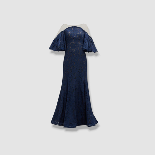 Pre-owned Rene Ruiz Collection $1295 Rene Ruiz Women's Blue Illusion-neck Lace Trumpet Gown Dress Size 14