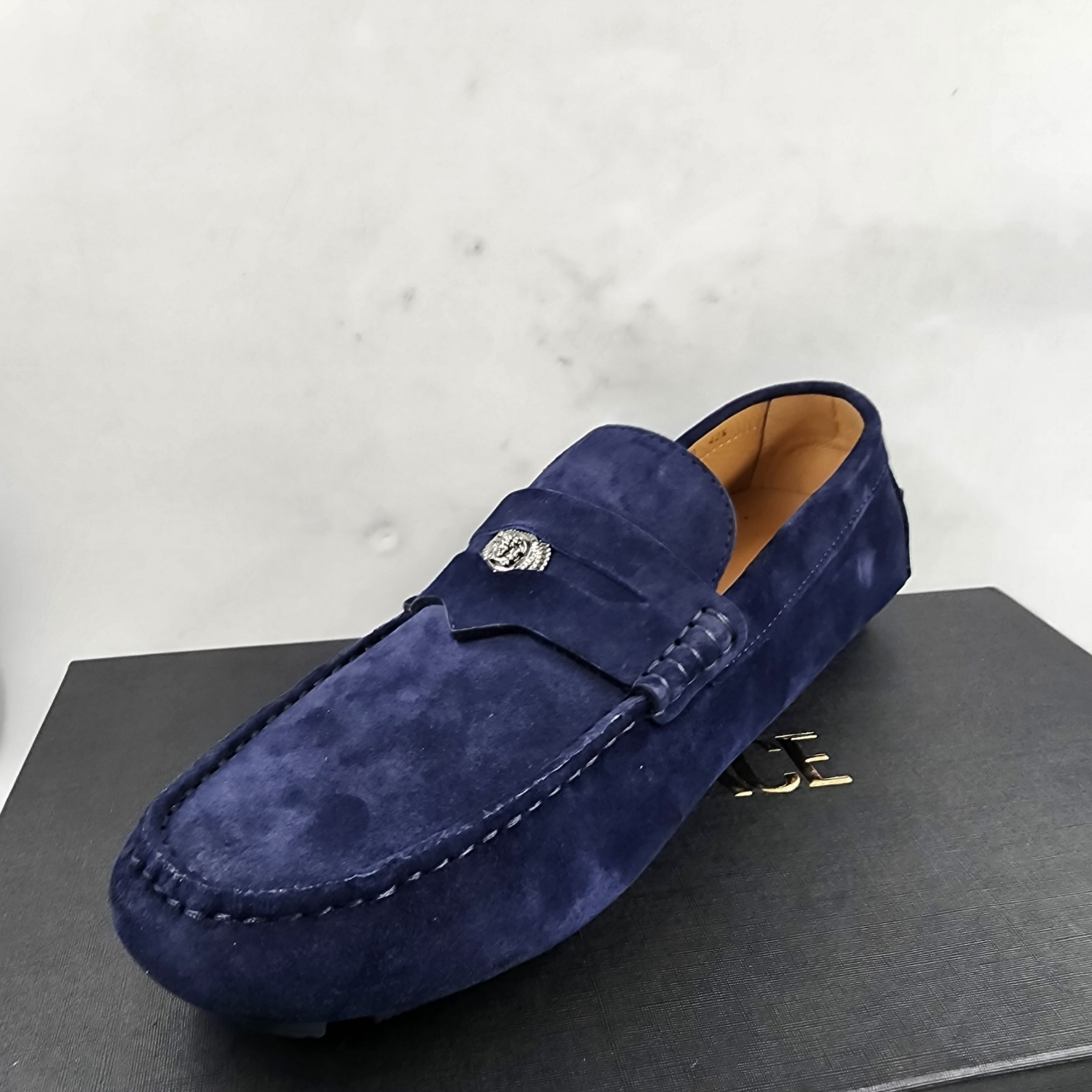 Versace Medusa Penny Loafers Men's 42.5/9.5US Blue Stitched Moc Toe Slip On - Picture 16 of 24
