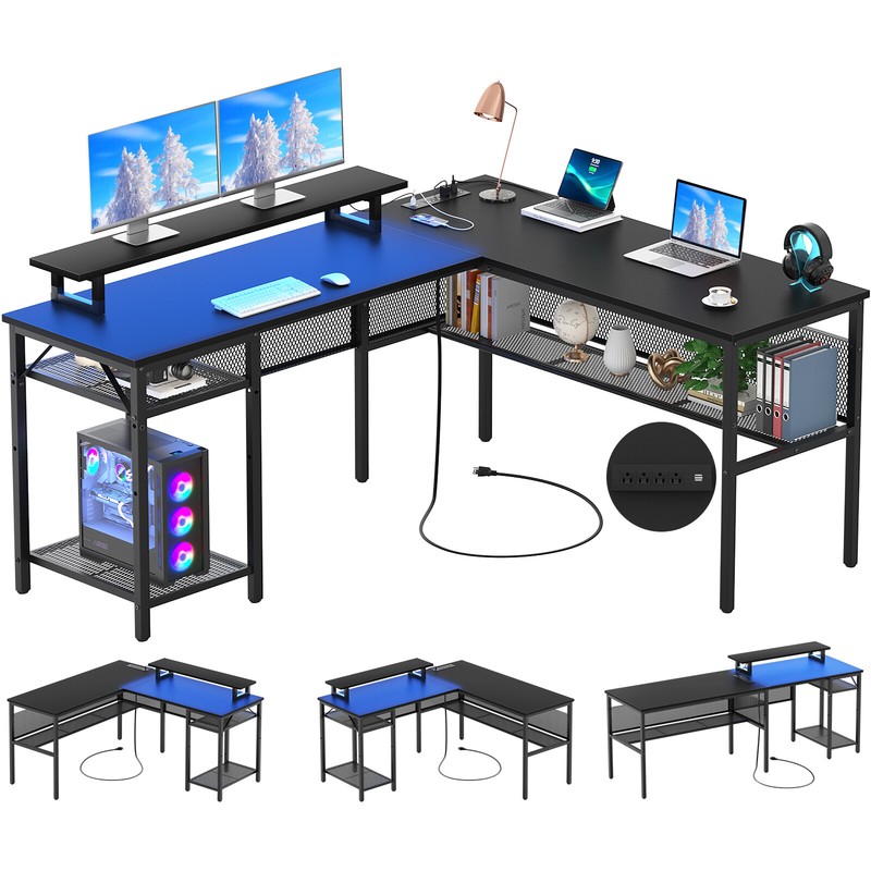 L Shaped Computer Desk Desk w/Power Outlets & LED Light