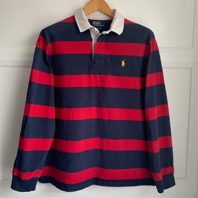 VINTAGE Polo Ralph Lauren Rugby Polo Shirt Mens XL Navy Blue Red Stripe 90s
