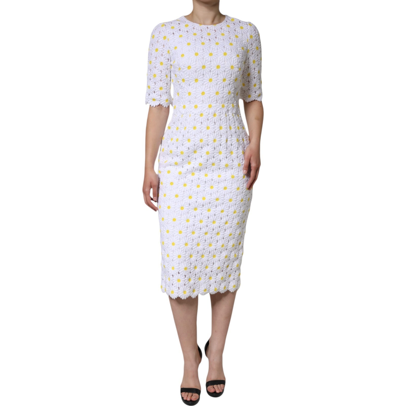 DOLCE & GABBANA Dress White Daisy Macrame Lace Sheath Midi