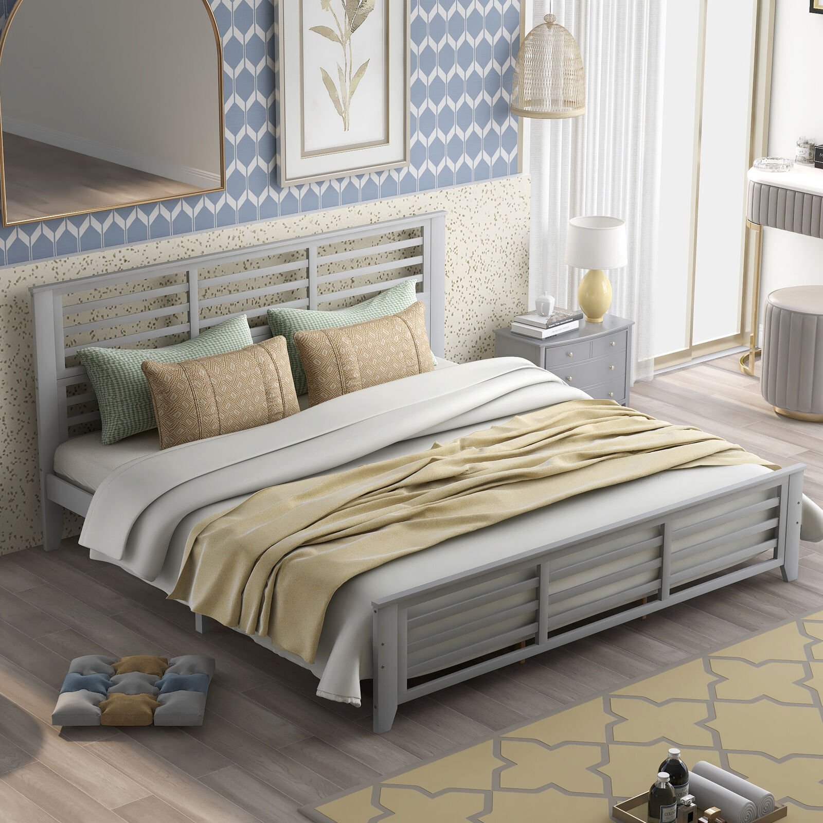 King Size Platform Bed with Horizontal Strip Hollow Shape Capacity 400lbs