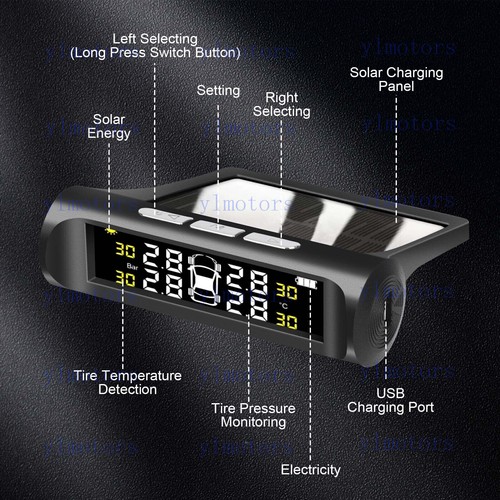 Wireless Solar TPMS LCD Car Tire Pressure Monitoring System W/4 External Sensors
