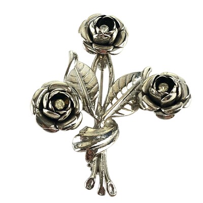 Vintage Brooch Silver Tone Rose Bouquet