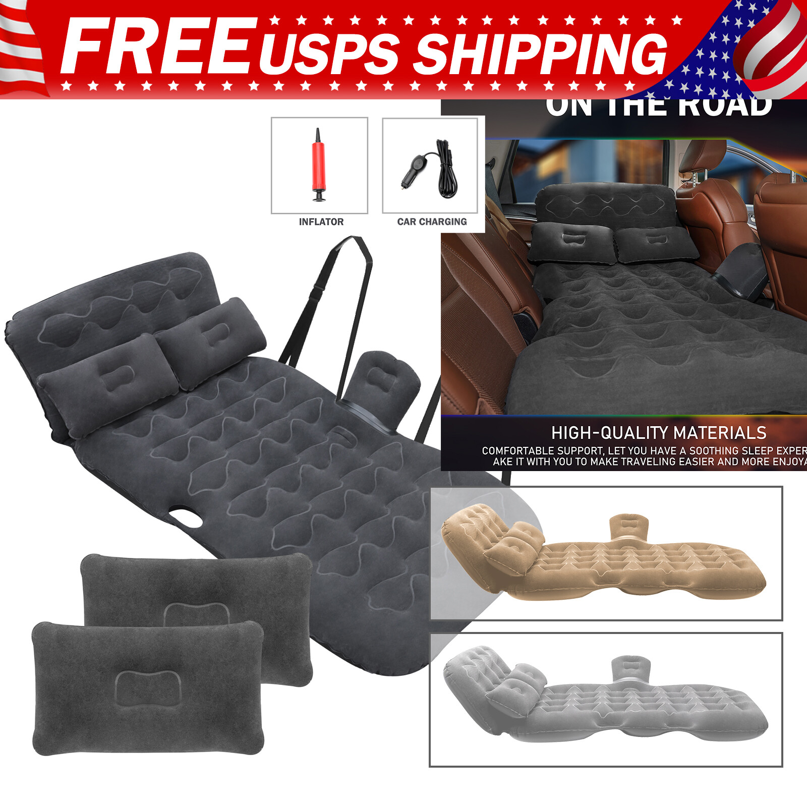 Inflatable Car Travel Air Mattress Thickened Flocking &PVC Camping Bed Universal