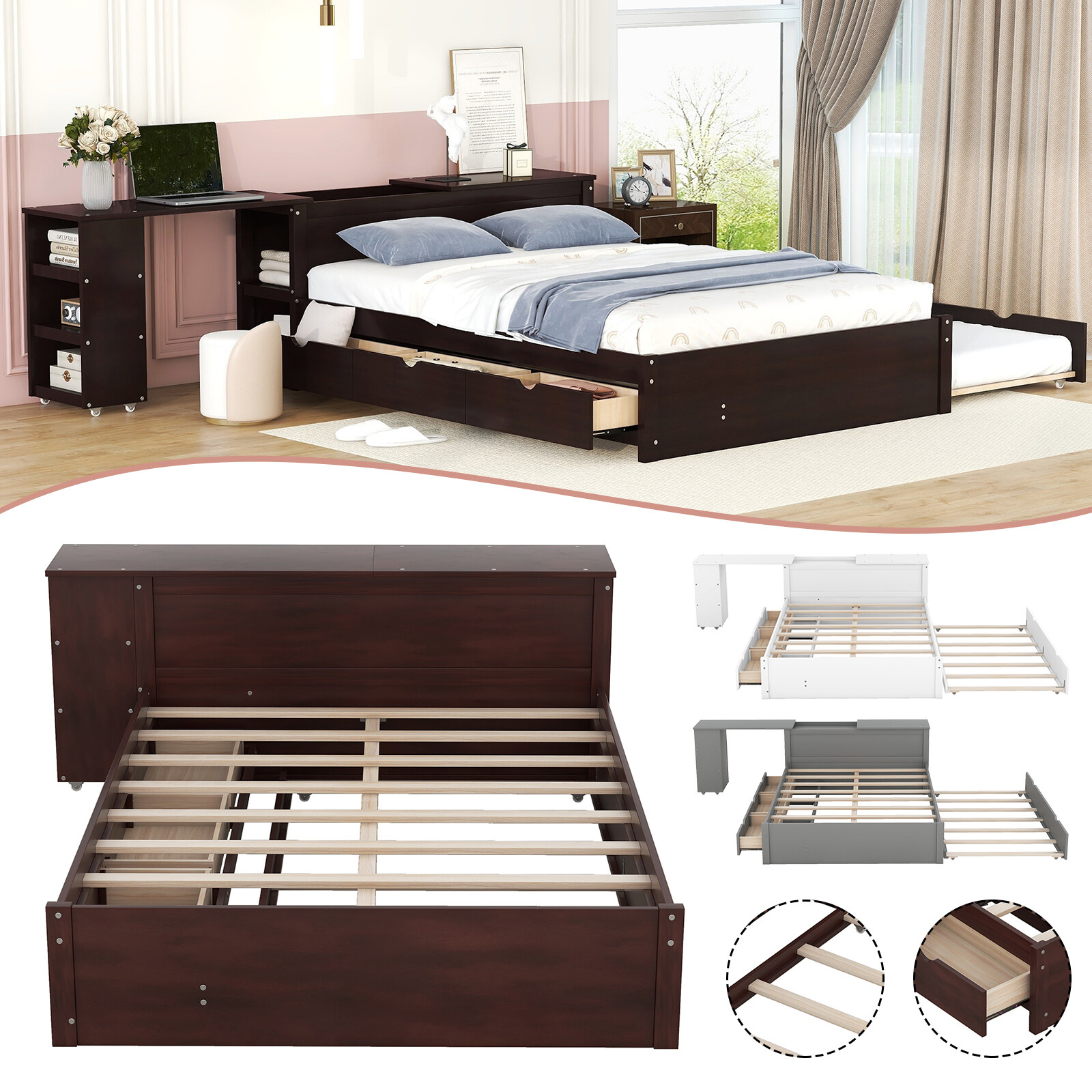 With Trundle Storage Drawer And Rolling Shelf