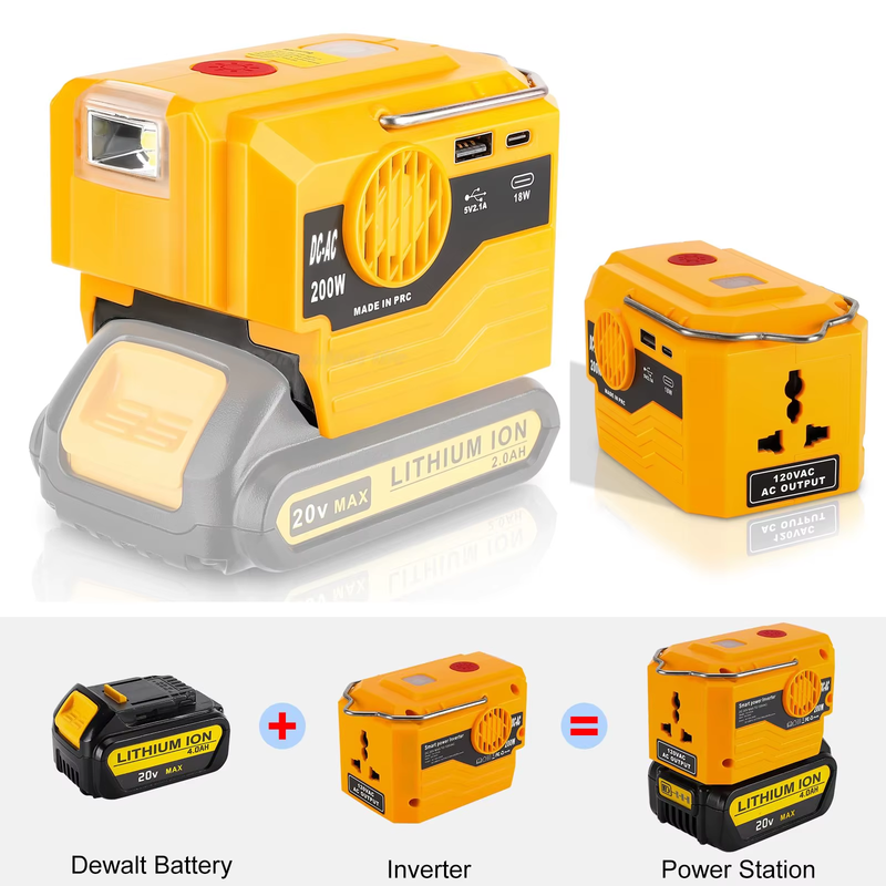 Portable Inverter for Dewalt 20V Battery 200W DC to AC 120-220V Adapter with USB