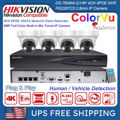 Hikvision 4CH Security CCTV System 4POE NVR 8MP MIC Turret IP Camera 2.8MM Lot