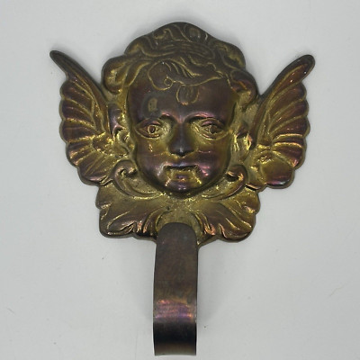 Vintage Solid Brass Cherub Angel Wings 6x4.5 GORGEOUS PATINA Coat Hook Hanger