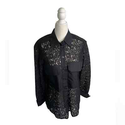 Zara Women's Black Button Down Lace Pocket See Through
