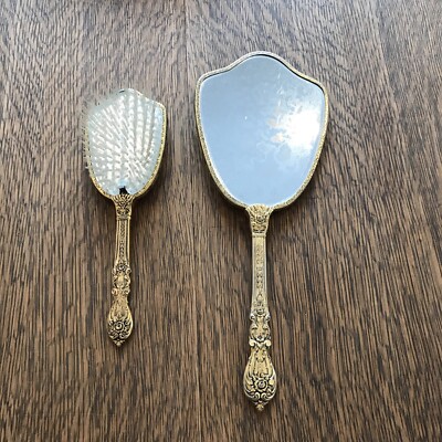 Vintage 24K Gold Plated Vanity Set Mirror & Brush Set of 2