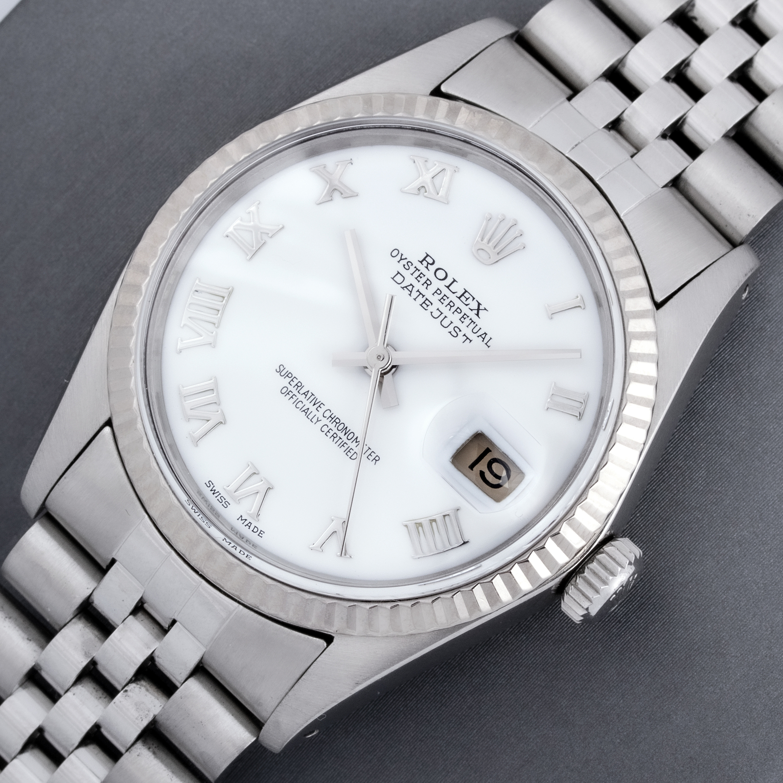 Rolex Mens Datejust 36 QS Steel and 18k Gold Watch with White Roman Dial 16234