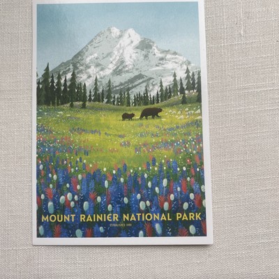 Mount Rainier National Park Mount Tacoma  Volcano WPA Style Art Postcard New