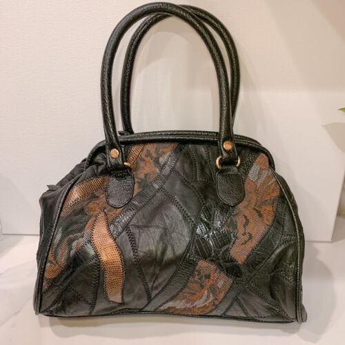 Vintage 80s Black Leather Patchwork Satchel Handbag Purse Vintage 80s Black Leather Patchwork Satchel Handbag Purse