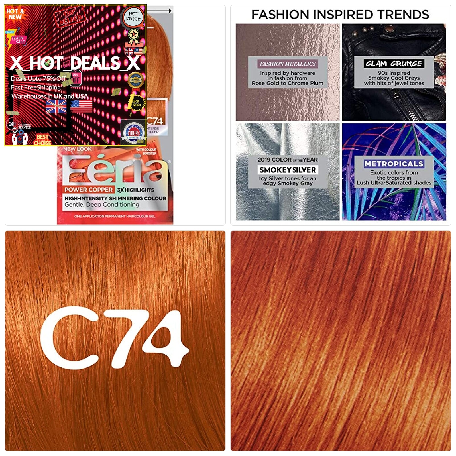 NEW-LOreal Paris Feria Multi-Faceted Shimmering Permanent Hair Color, C74 Copper