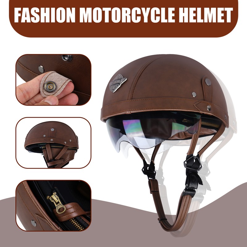 Retro Leather Motorcycle Scooter Half Face Helmet with Goggles