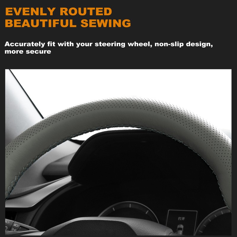 15'' Grey Genuine Leather DIY Car Steering Wheel Cover Breathable Anti-slip &