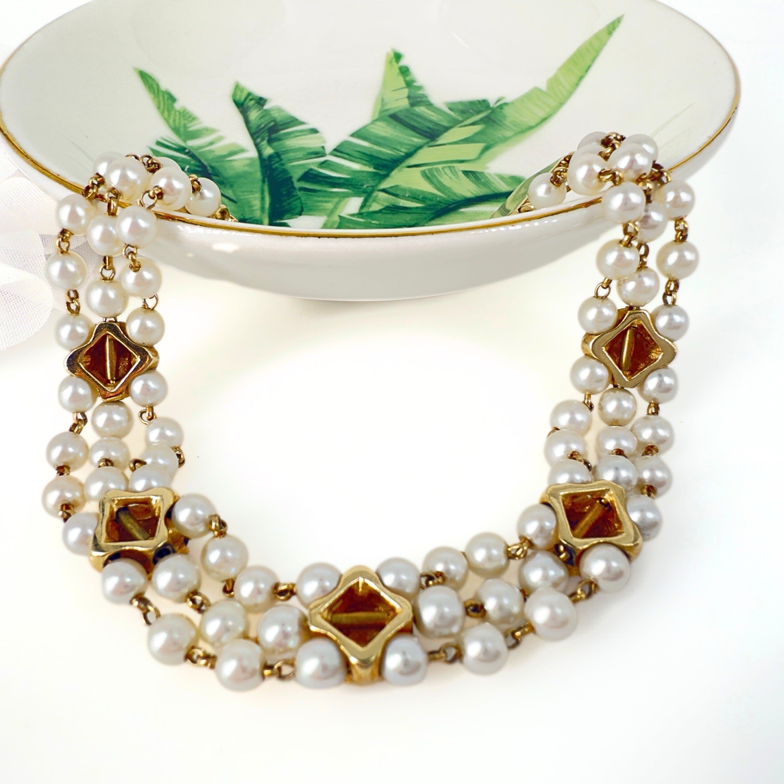14k Gold Vintage Akoya Pearl 3-Row Bracelet & Garnet Slide Bracelet Charms - Picture 5 of 10