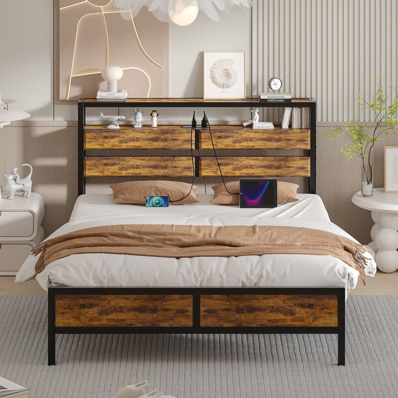 Full Queen King Size Metal Bed Frame with Wooden Headboard