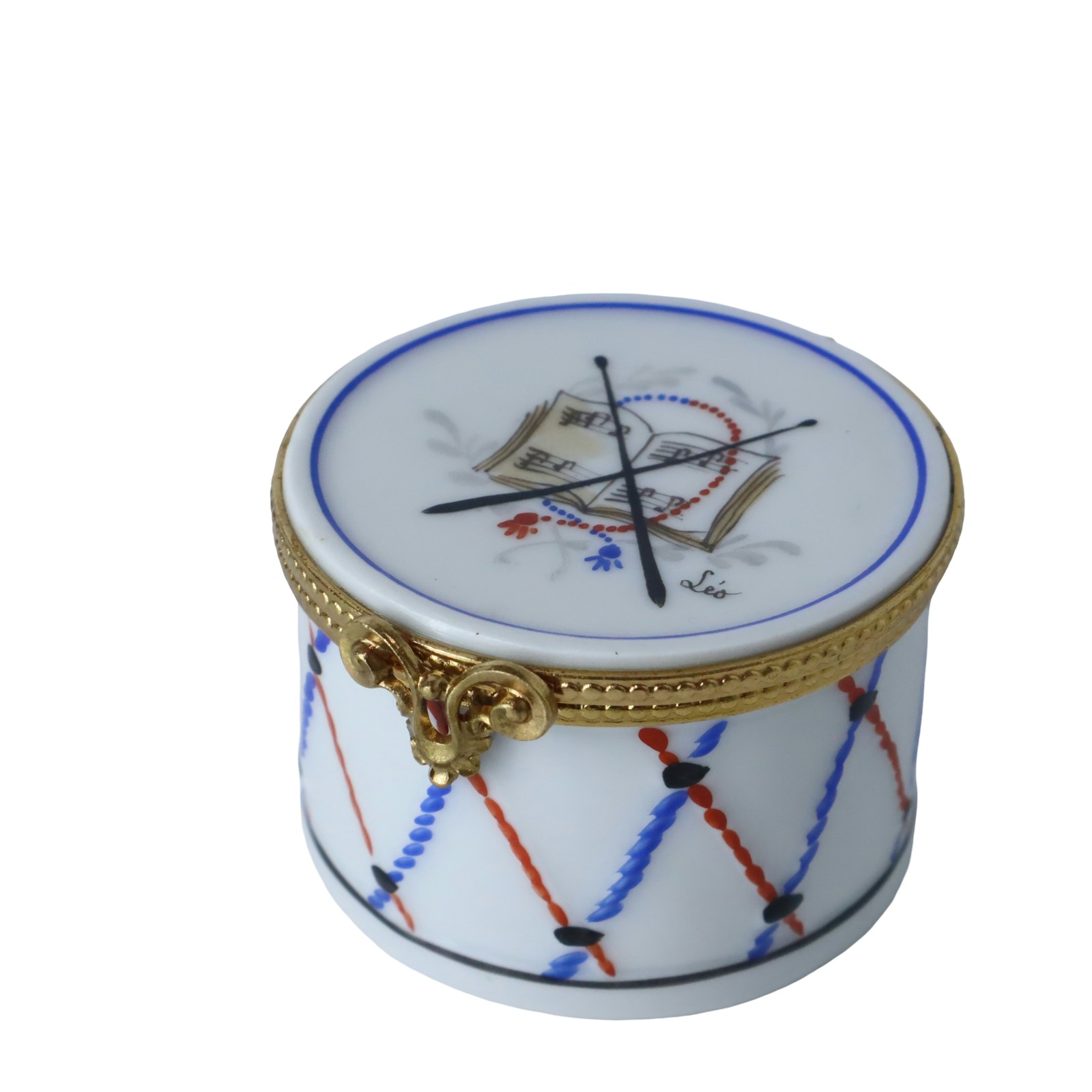Vintage Limoges Porcelain Drum Hinged Trinket Box Hand Painted Music France