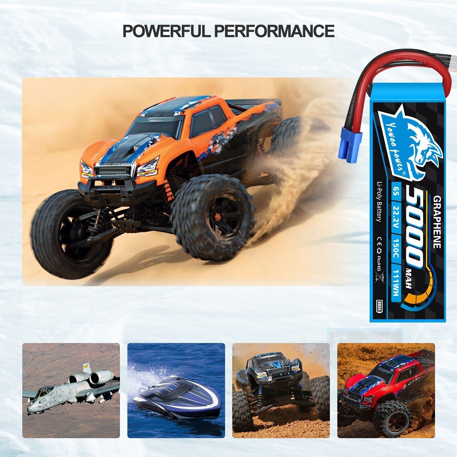 2pcs Yowoo 6S 5000mAh 150C 22.2V EC5 Lipo Battery Graphene for RC Car Airplane