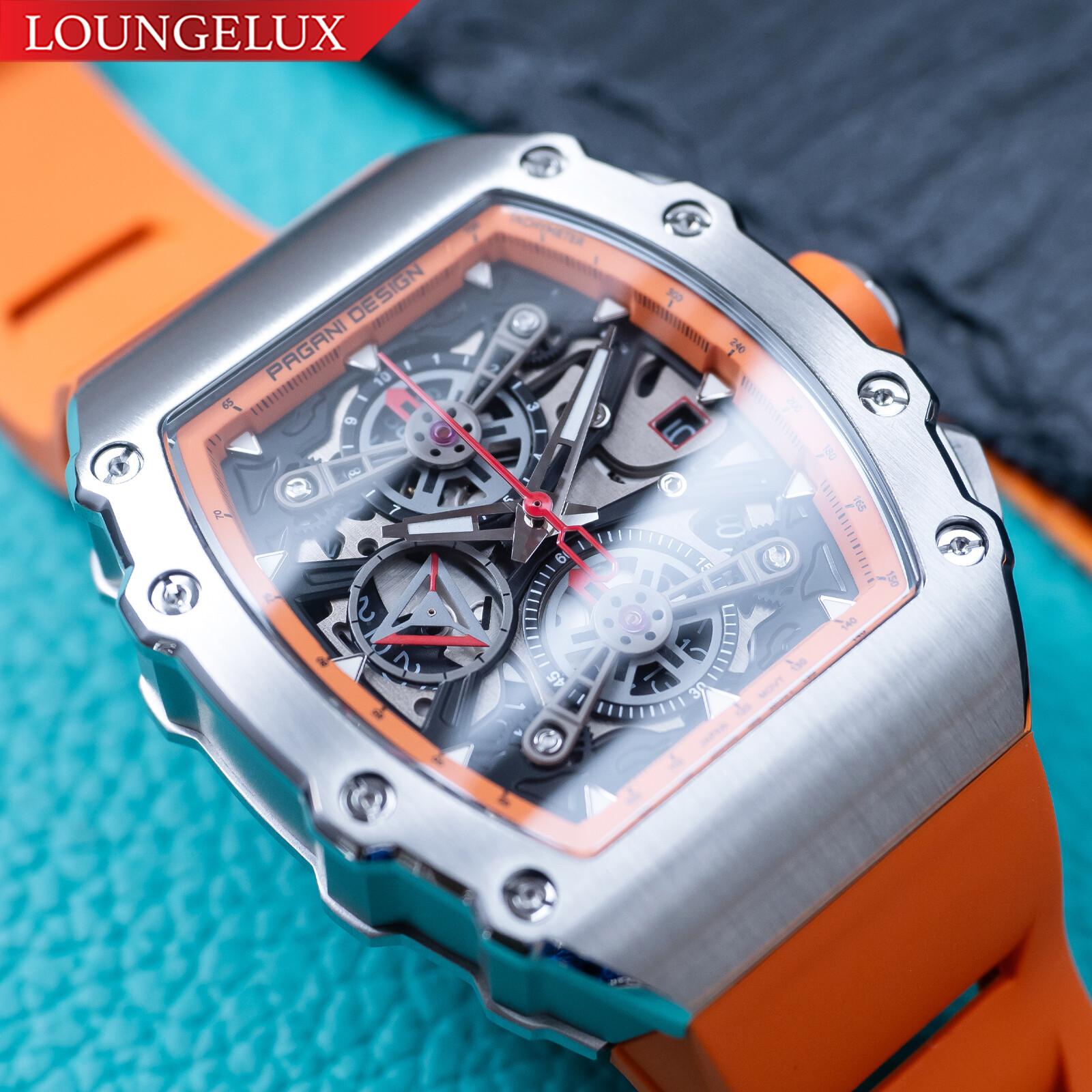 Pre-owned Pagani Chronograph Quartz Watch Stainless Steel Silicone Strap Luminous Hands Dial Gift In Silver / Orange