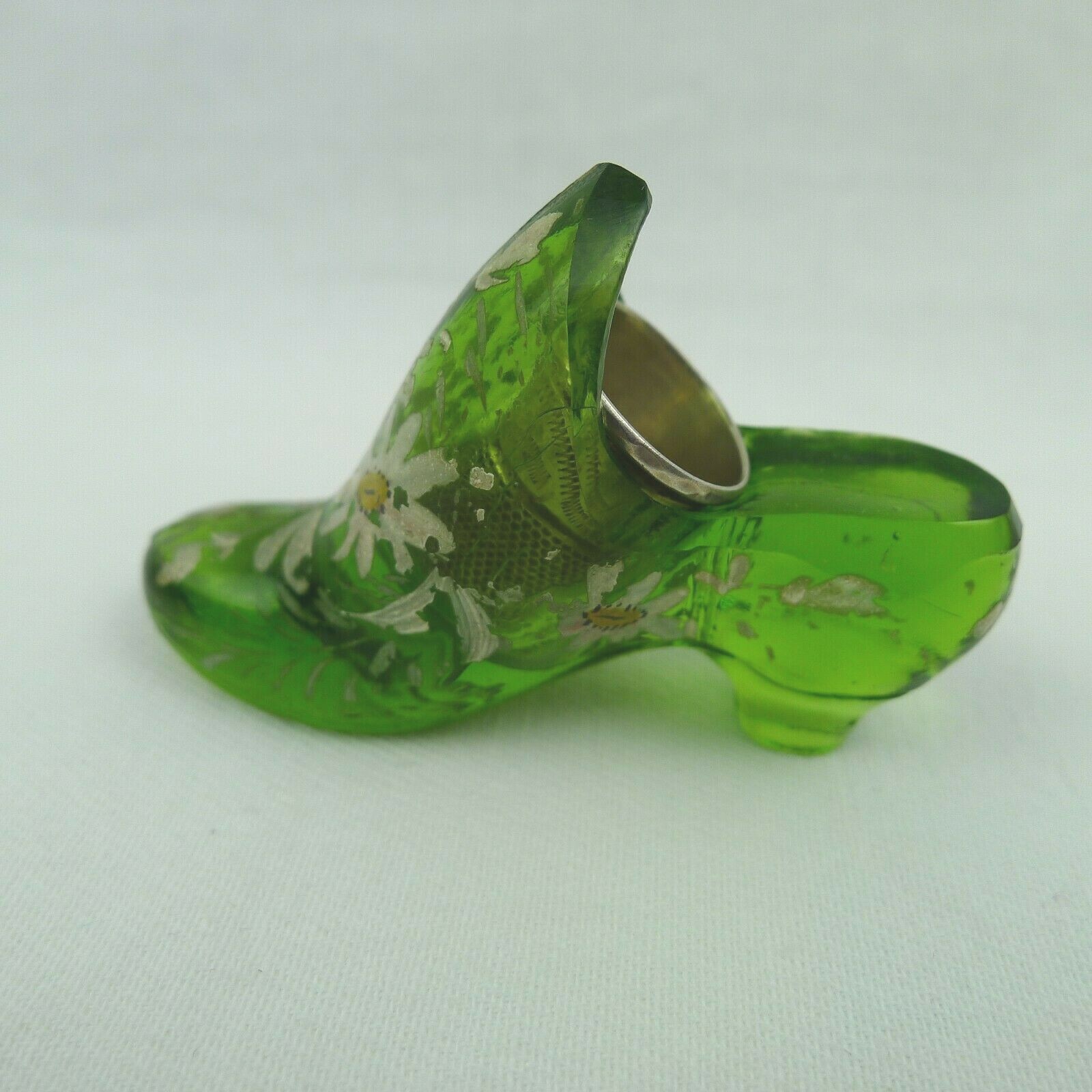 Floral Painted Green Glass Thimble Holder Shoe With Sterling Silver Thimble Rare