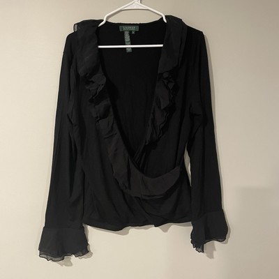 Lauren Ralph Lauren Black Faux Wrap Ruffle Trim Bell Sleeve Blouse Sz XL Women s