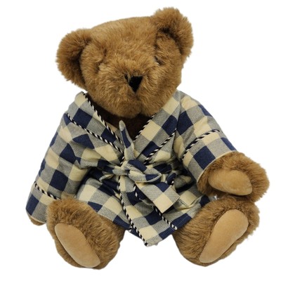 17'' Vermont Teddy Bear In Plaid Bathrobe Beige Handmade in USA Jointed Plush