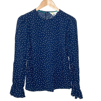 Boden Polka Dot Long Sleeve Blouse Top Navy Blue Women s US Size 2 Ruffled