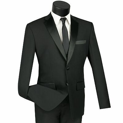 LUCCI Men's Black Slim Fit Formal Tuxedo Suit w/ Sateen Lapel & Trim NEW