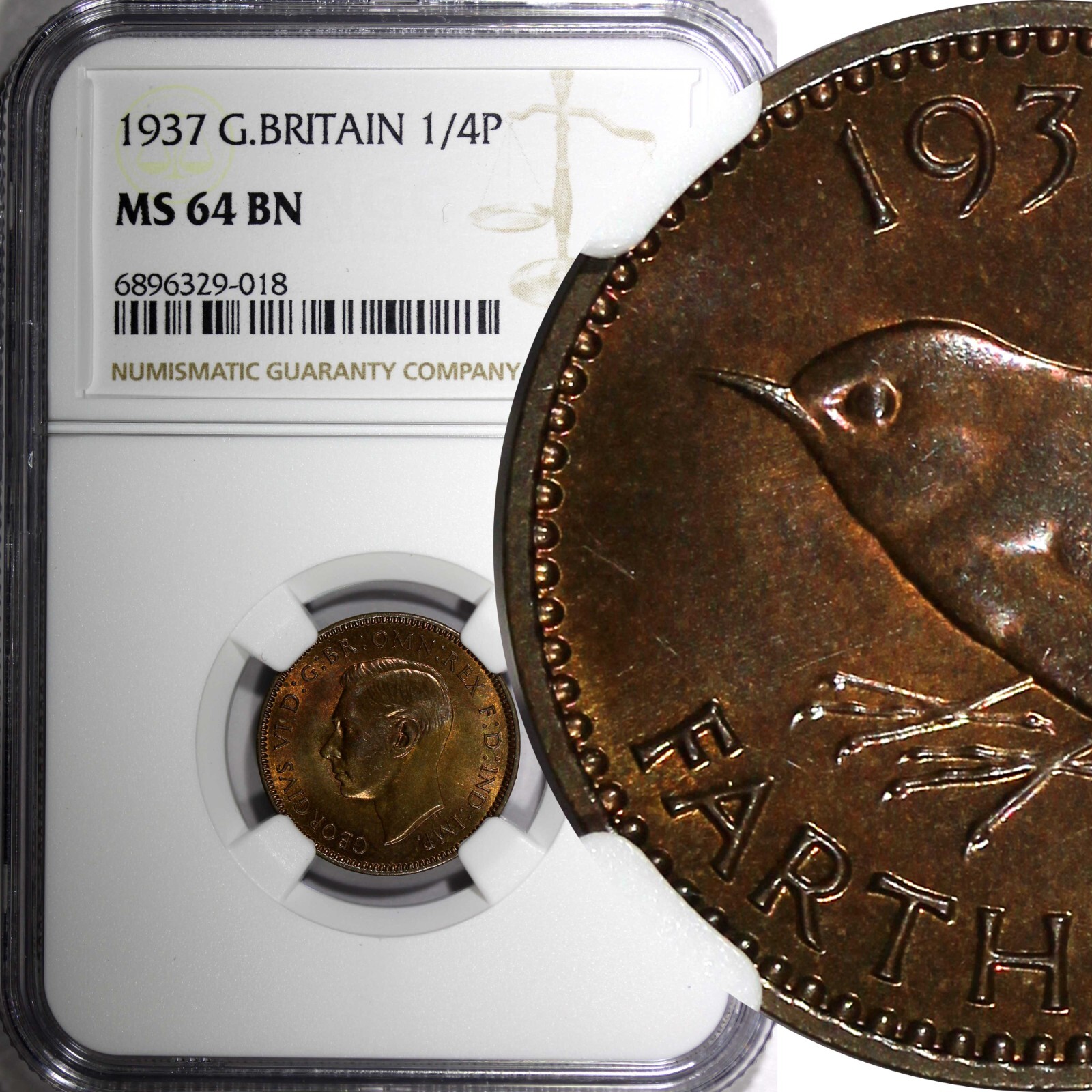 Great Britain George VI Bronze 1937 Farthing NGC MS64 BN 1st