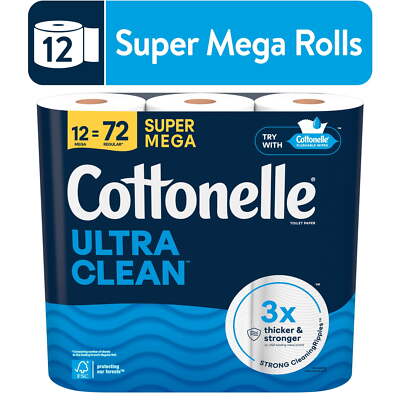 Cottonelle Ultra Clean Toilet Paper, Strong Toilet Tissue, 12 Super Mega Rolls