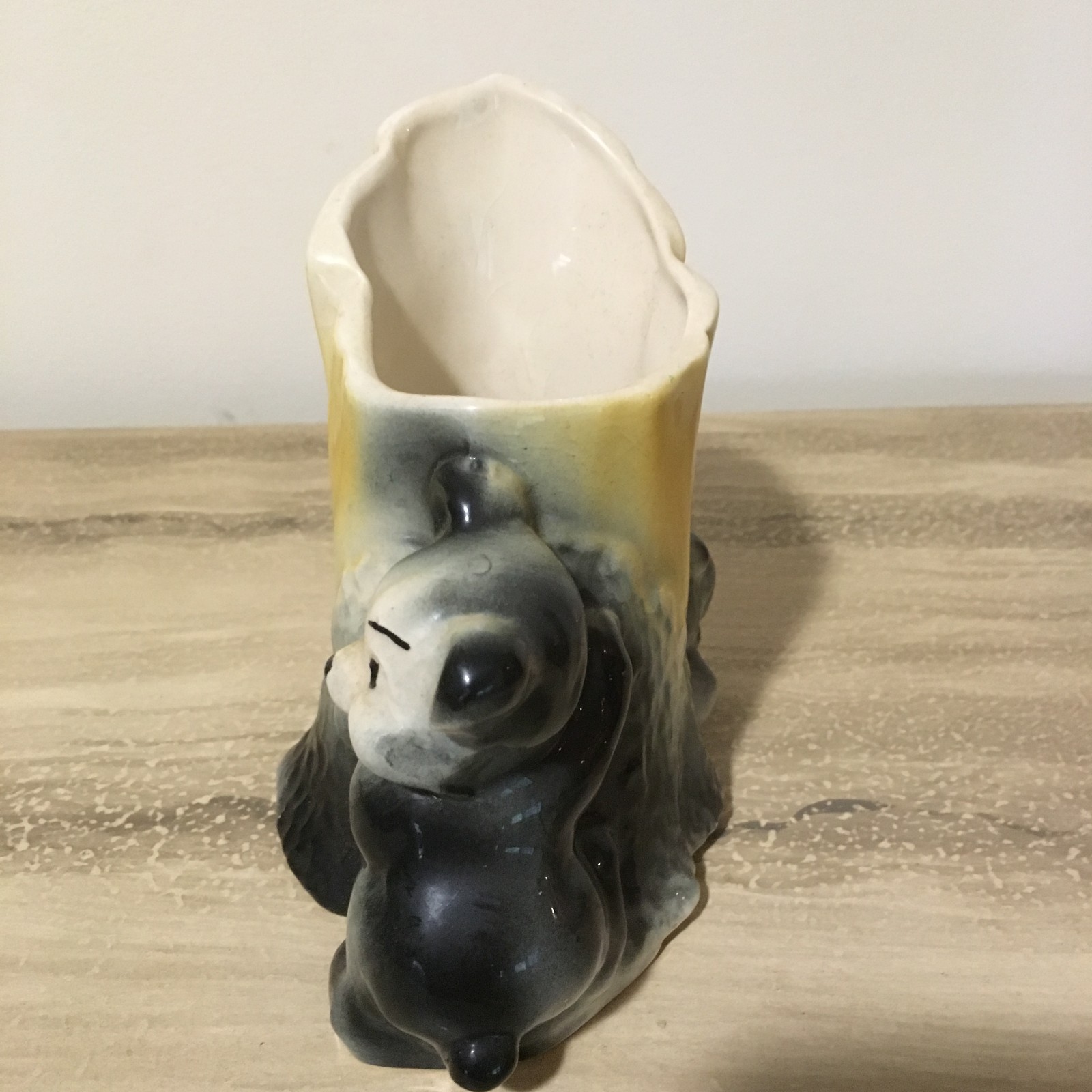 Vintage Black Bear & Tree Trunk Planter - White Yellow Cream Shawnee? Pottery