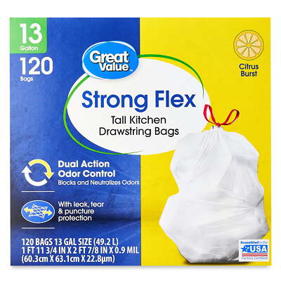 Great Value Strong Flex Tall Kitchen Drawstring Trash Bags,Citrus Burst,13Gallon