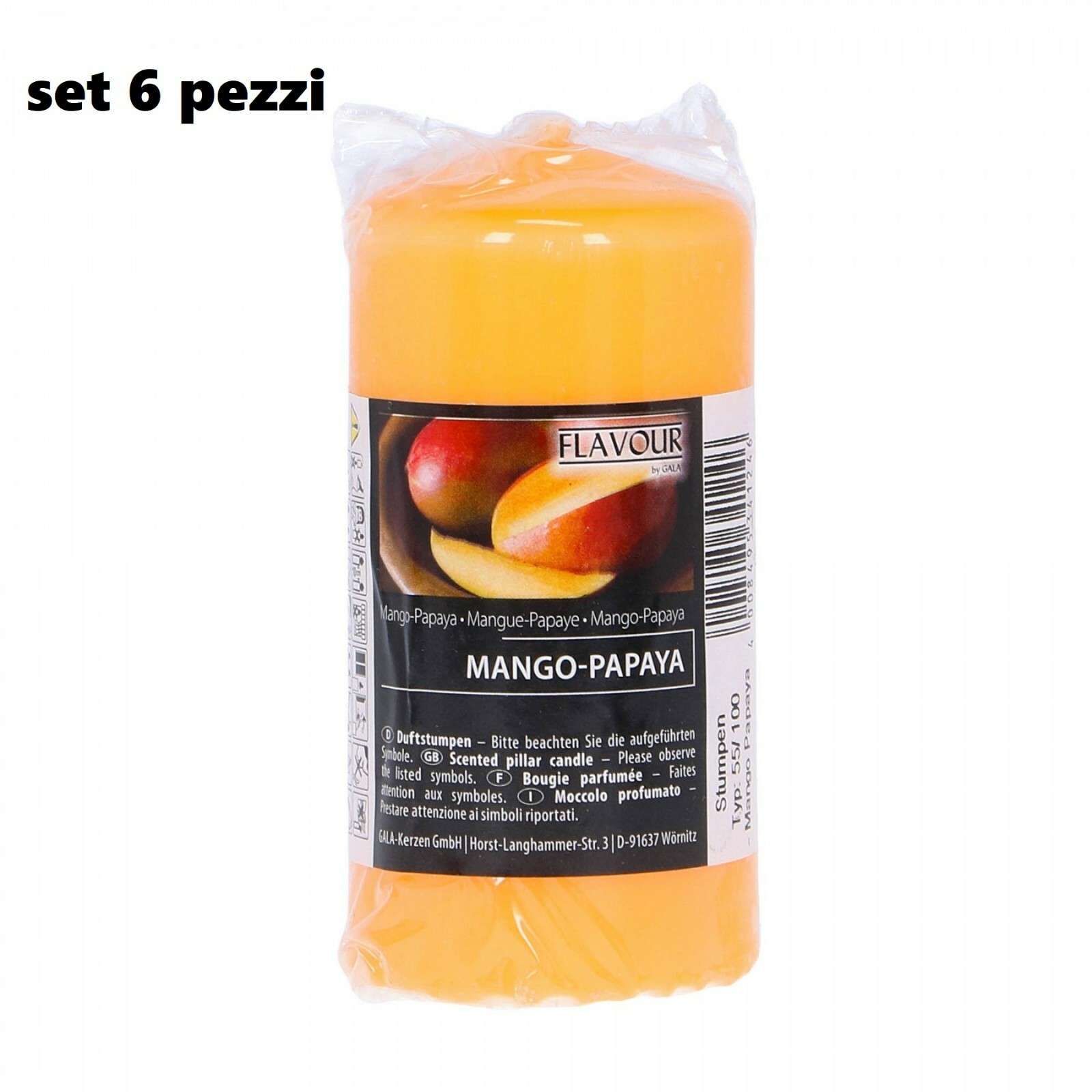 Set 6 Pezzi Candele Cera Profumate Fragranza Mango Papaya 5x9,5cm dfh