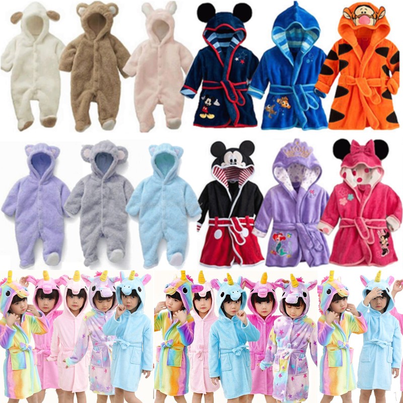 Kinder Tiere Mädchen Jungen Bademantel Fleece Kapuze Bathrobe Nachtwäsche Robe