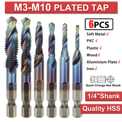 12/6Pcs HSS 1/4inch Hex Shank Screw Thread Tap Drill Bit Combination Set M3-M10