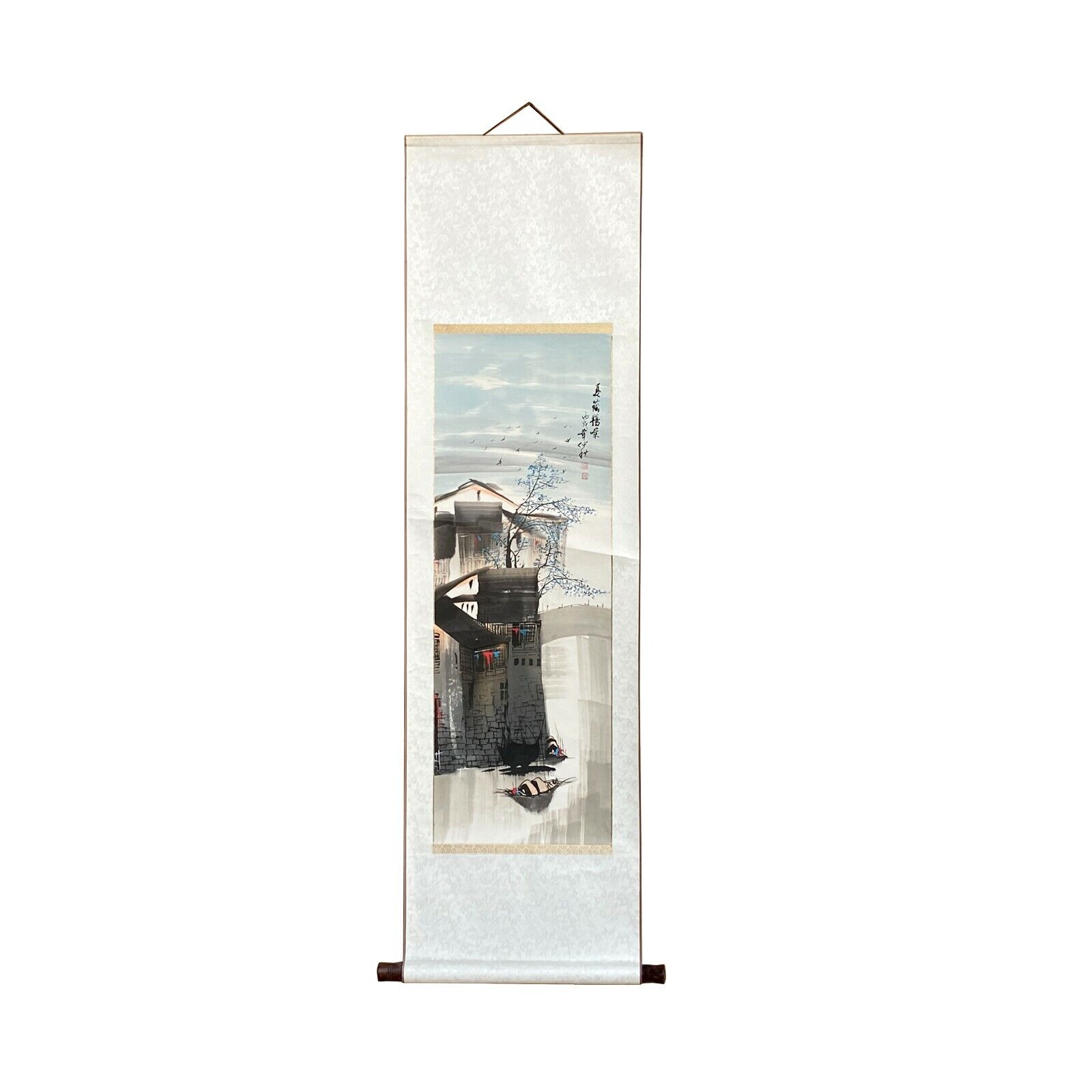 Chinese Color Ink Waterside Village Scroll Painting Wall Art ws2134S Chinese Color Ink Waterside Village Scroll Painting Wall Art ws2134S