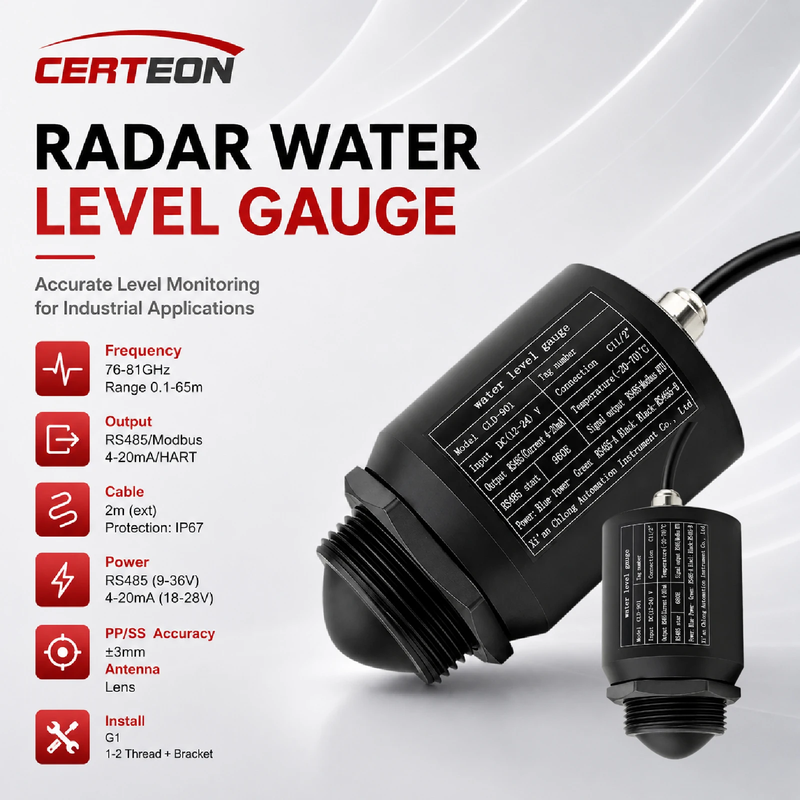 Radar Water Level Sensor Non Contact Level Transmitter 65m RS485 4-20mA PP Probe