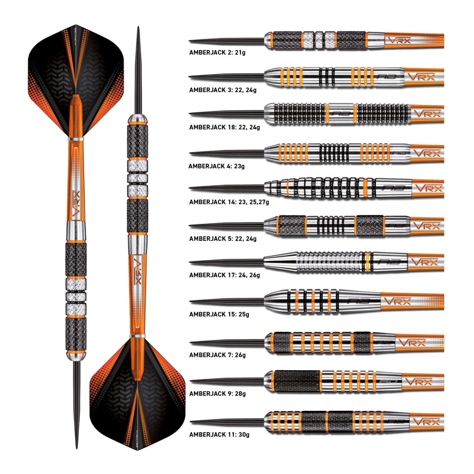 Tungsten Darts Set 21grams,24g,26g,28g,30g Amberjack Knurled, Flights and Stems Tungsten Darts Set 21grams,24g,26g,28g,30g Amberjack Knurled, Flights and Stems