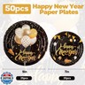 50pcs New Year Paper Plates, 2026 Happy New Years Eve Party Supplies 9inand7in Disposable Black and Gold Dinner Plate Tableware Set for New year Holidays Firework Celebration Supplies Decorations