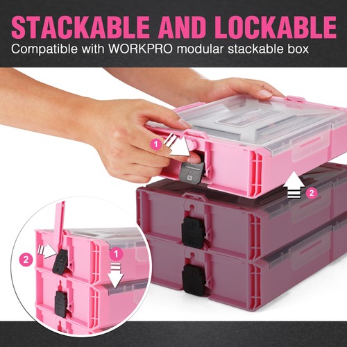 WORKPRO Power Drill Set&Stackable Tool Box, 8V Cordless Drill Driver Pink /Gray